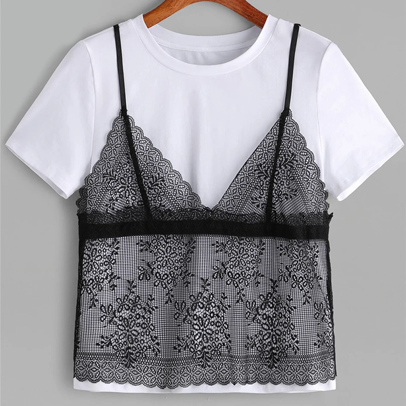 Модная женская футболка 2 шт./компл. летние кружевные женские футболки с коротким