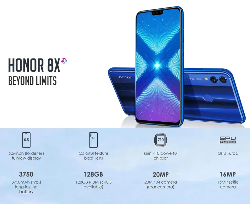 Мобильный телефон honor 8X с глобальной прошивкой, 6,5 дюймов, 4 Гб ОЗУ, 64 Гб ПЗУ, Kirin 710, четыре ядра, отпечаток пальца, 20 МП, Android 8,1, мобильный телефон
