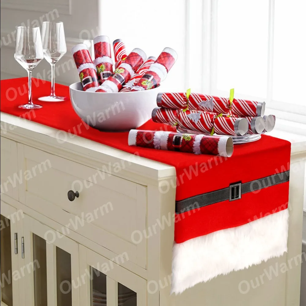 

OurWarm 36*183cm Christmas Table Runner Faux Fur Red Santa Claus Belt Santa Table Runner Christmas Decorations for Home
