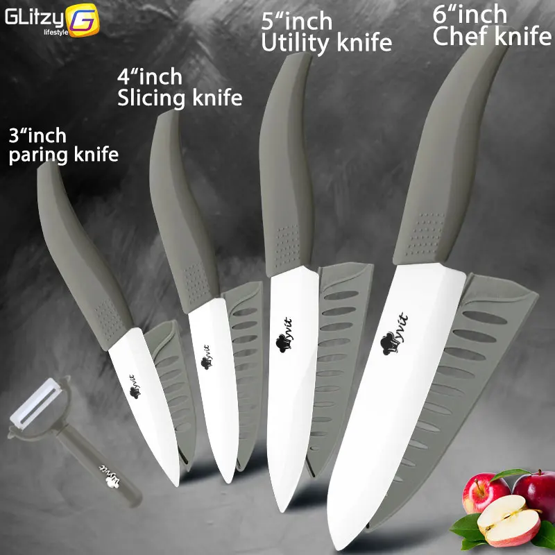 3456 WHITE GREY Керамический нож 3, 4, 5 дюймов+ 6 дюймов, кухонные ножи, набор для хлеба с зубцами+ Овощечистка, циркониевый черный нож, нож для шеф-повара, Vege, инструмент для приготовления пищи - Цвет: 3456 WHITE GREY
