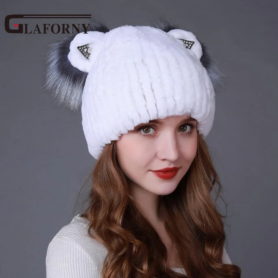 Женская меховая шапка Glaforny натуральная из меха кролика рекс с милыми кошачьими