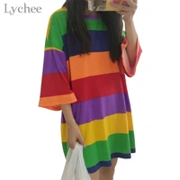 lychee trendy color stripes women long t shirt rainbow short sleeve o neck female t shirt casual loose tee top