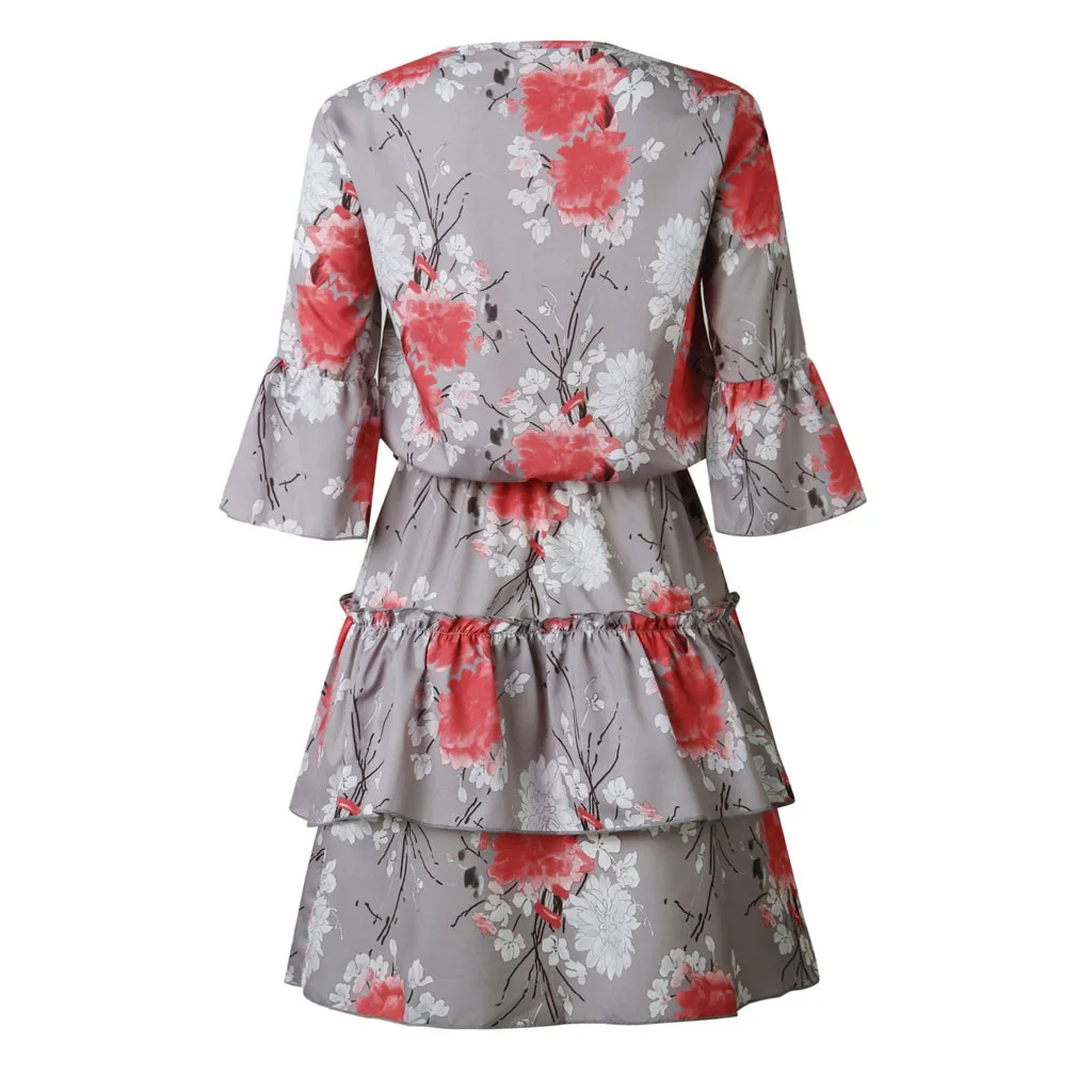 

2019 Summer Dress Women Boho Print Ruffles Lace Up Half Sleeve Mini Dress Female V-Neck Evening Party A-Line Dress Vestidos #20