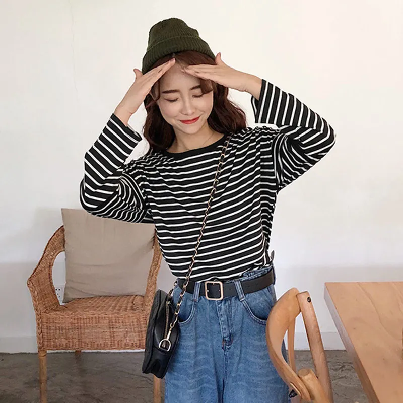 Новая модная женская футболка в полоску с длинным рукавом и круглым вырезом