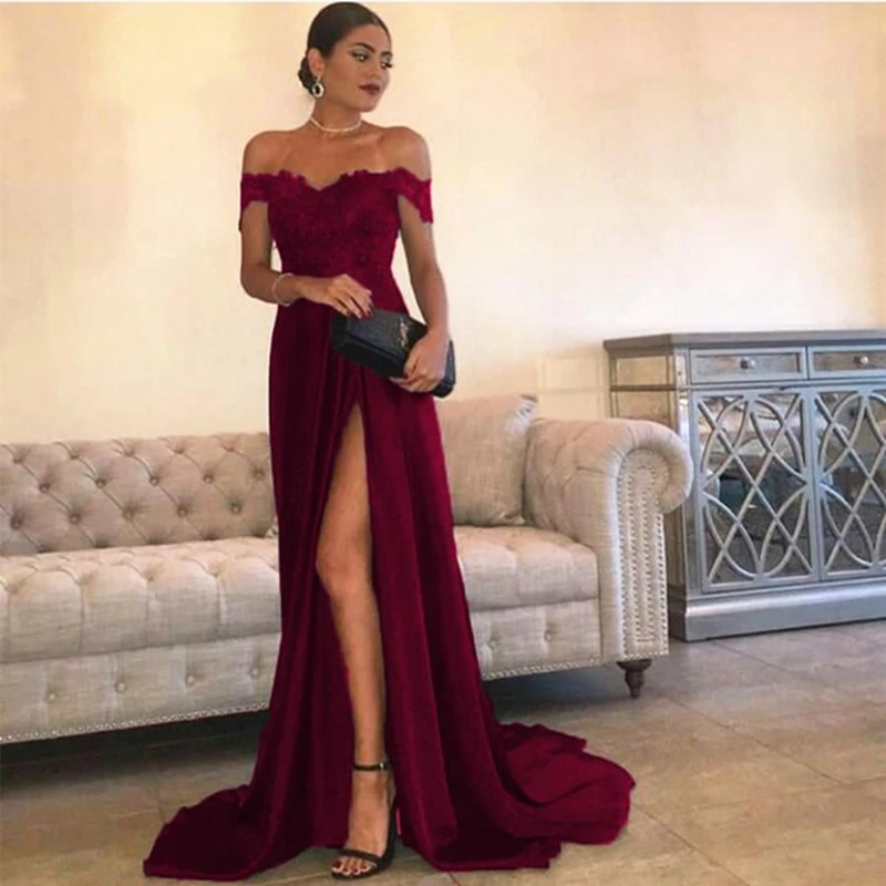 

New Off the Shoulder Long Prom Dresses with Slit Appliques Formal Pageant Dresses 2020 Vestidos de gala Prom Red Prom Dress