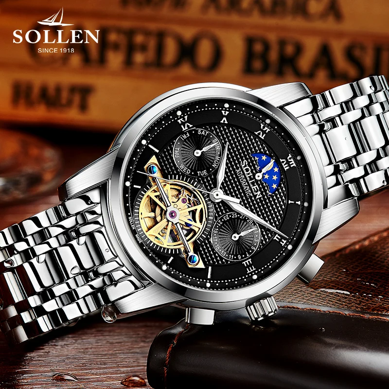 SOLLEN automatic mechanical watch men business hollow men's watches steel waterproof luminous multi-functional male wristwatches |