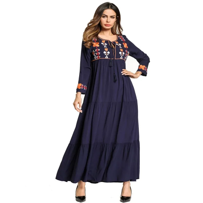 Muslim Women Autumn Dress Middle East Embroidered Ethnic Style Vintage Elegant Large Size Clothing Long Sleeve Maxi Casual | Женская