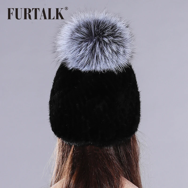 FURTALK Реального норки меховая шапка для зимы женщин трикотажные норки шапочки шапка с лисой меха pom pom