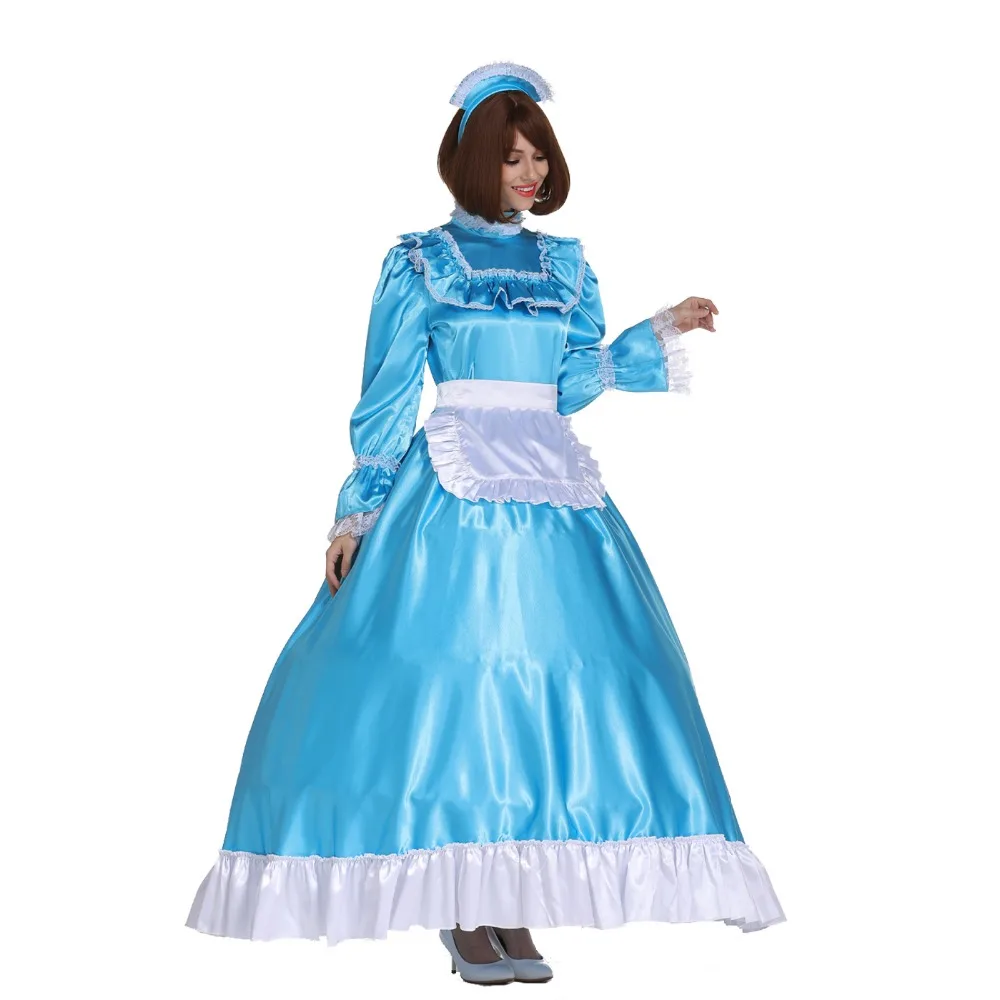 Соблазнительное атласное длинное бирюзовое голубое платье-горничная с замком