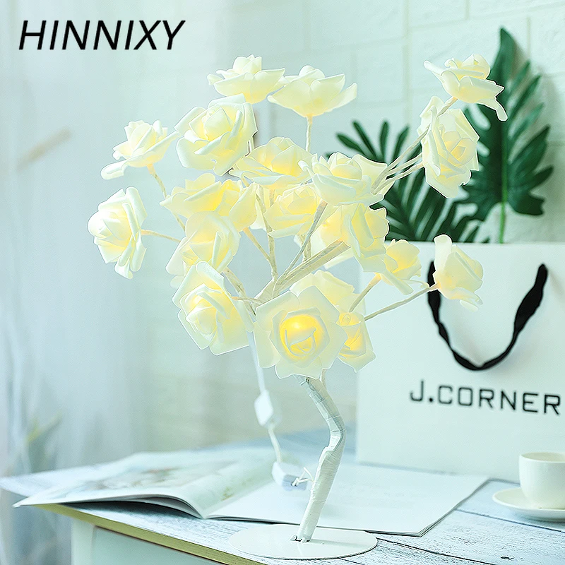 Hinnixy белая роза дерево настольная лампа теплый белый романтический цветок ночник
