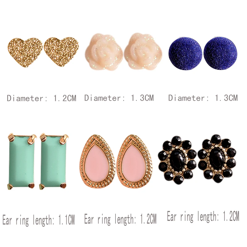 Серьги-гвоздики женские зеленые/розовые/черные 6 парций/компл. | Украшения и