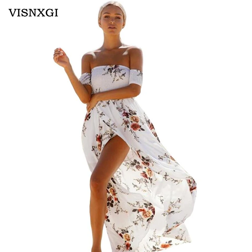 

VISNXGI Boho Style Long Dress for Women Off Shoulder Beach Summer Dresses Floral Print Vintage Chiffon White Maxi Dress Vestidos