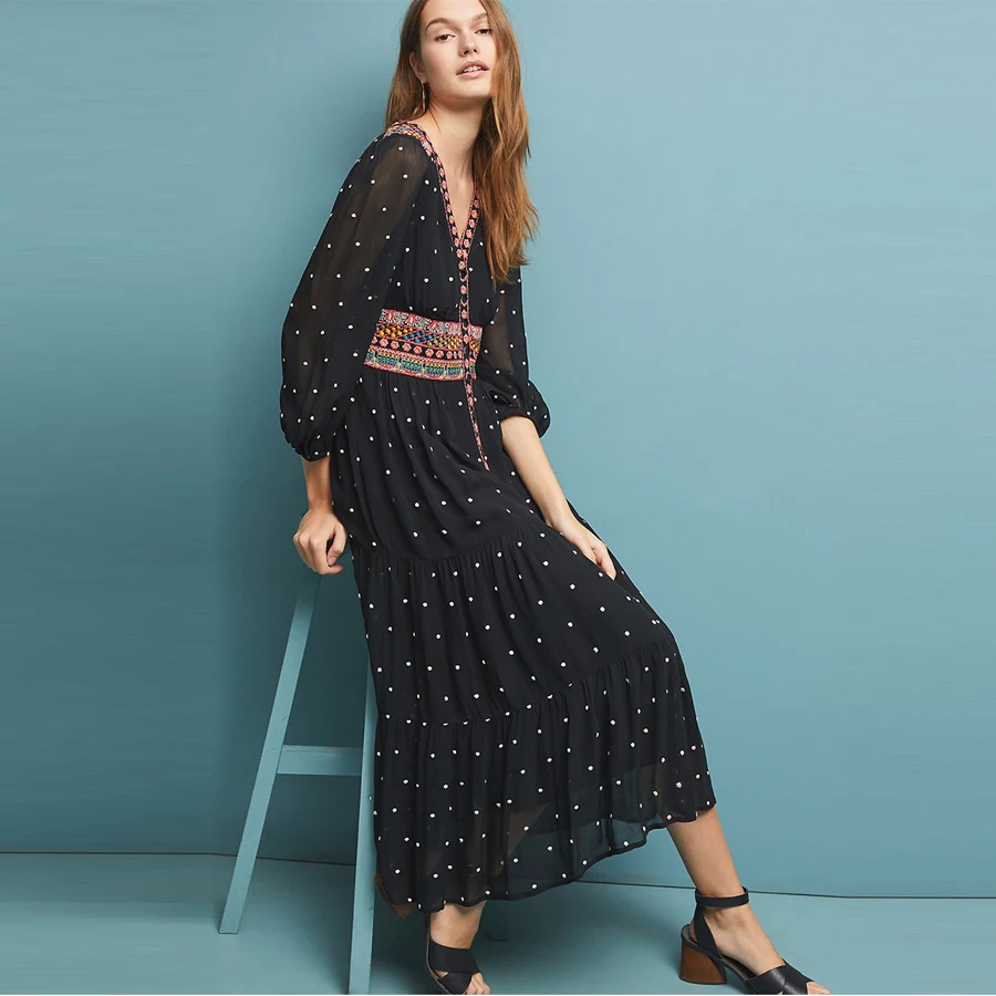 TEELYNN boho платье винтажные шифоновые платья в горошек с цветочной вышивкой и v-образным вырезом летнее платье свободные хиппи женские платья