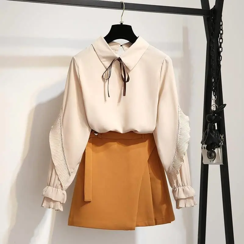 yellow skirt Новые весенние летние модные шикарные женские комплекты топы с рюшами и длинным рукавом+ Асимметричные мини юбки женские одноцветные костюмы из 2 предметов J7 - Цвет: yellow skirt