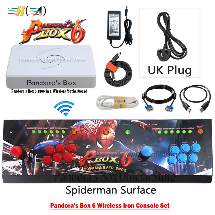 spiderman UK plug Pandora Box 6 1300 в 1 комплект беспроводной железной консоли 2 игрока джойстик кнопки контроллер может добавить 3000 игр fba mame ps1 3d игры - Цвет: spiderman UK plug