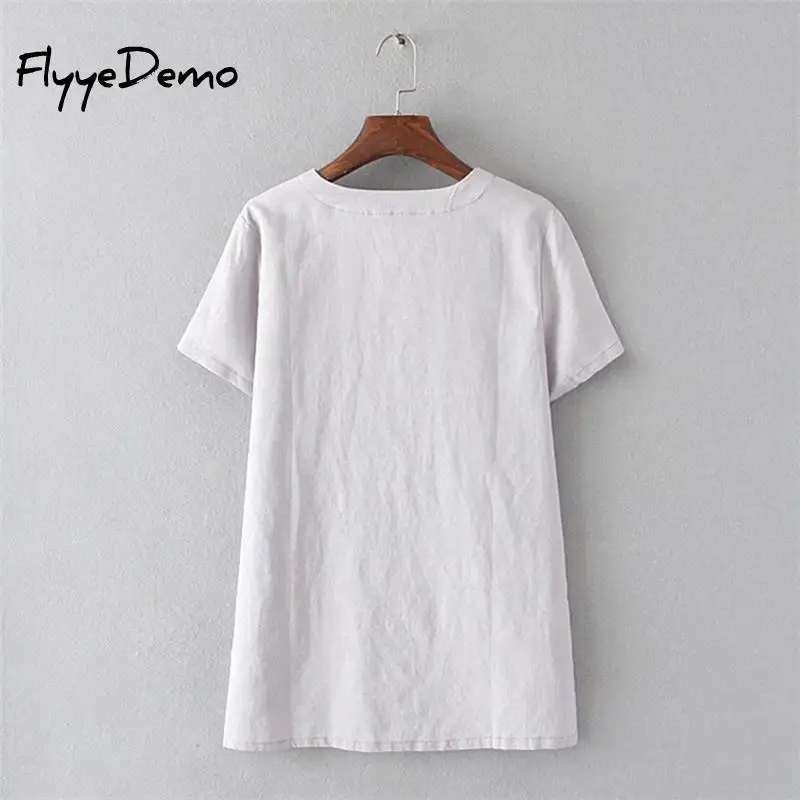 Женская футболка с коротким рукавом из хлопка и льна 3D цветочной вышивкой K002 лето