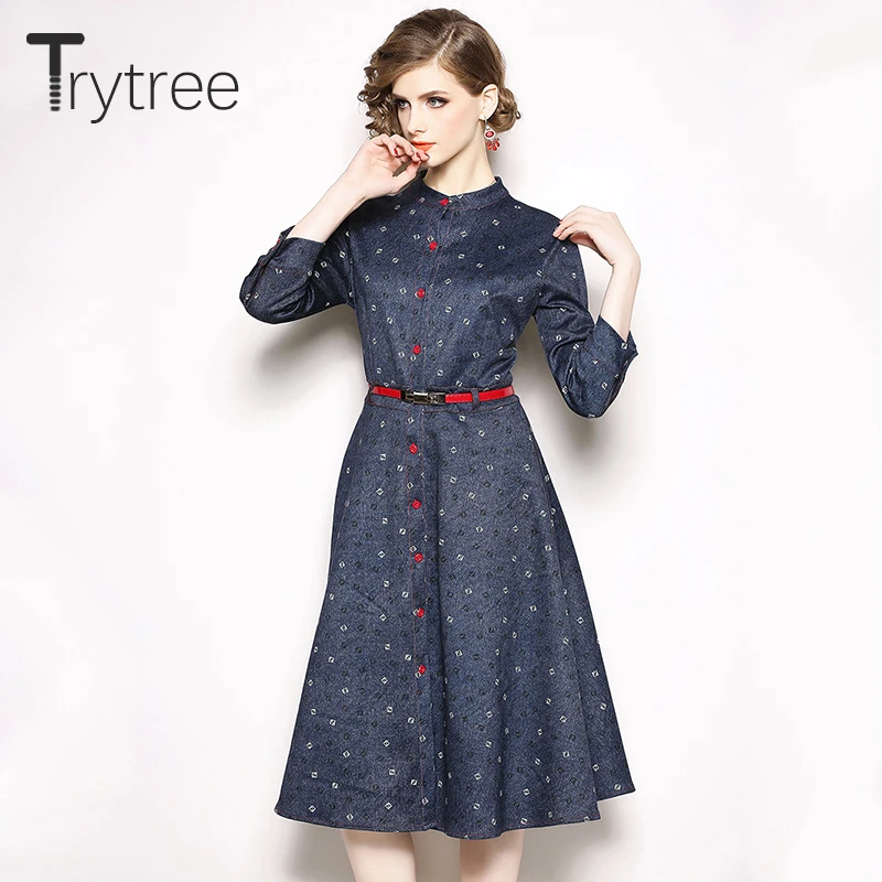 Trytree летнее осеннее платье джинсовое повседневное ТРАПЕЦИЕВИДНОЕ женское темно