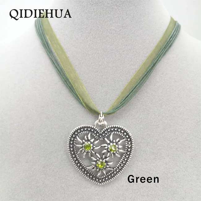 QIDIEHUA Мода серебро Edelweiss Сердце ожерелье кулон для женщин Октоберфест подвеска-Шарм с искусственным бриллиантом ювелирные изделия из веревки - Окраска металла: green