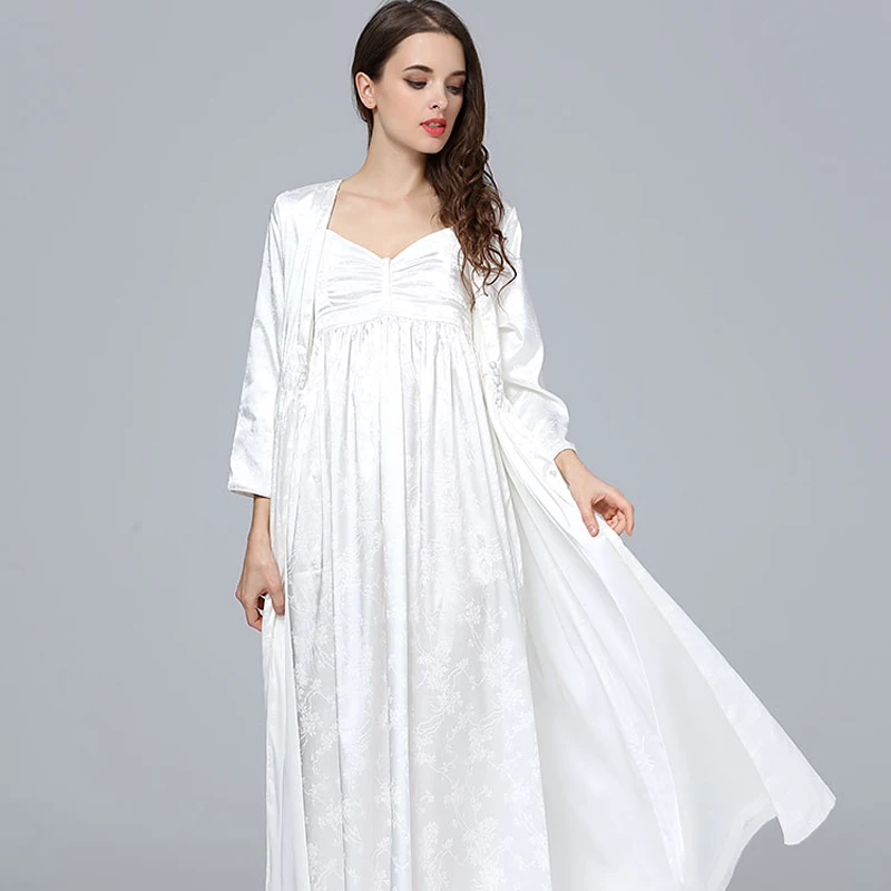 

SILK Sleepwear Female Two-Piece Long Bathrobes + Nightdress Sets Princess White Woman Robe Gown Kimono DS8010