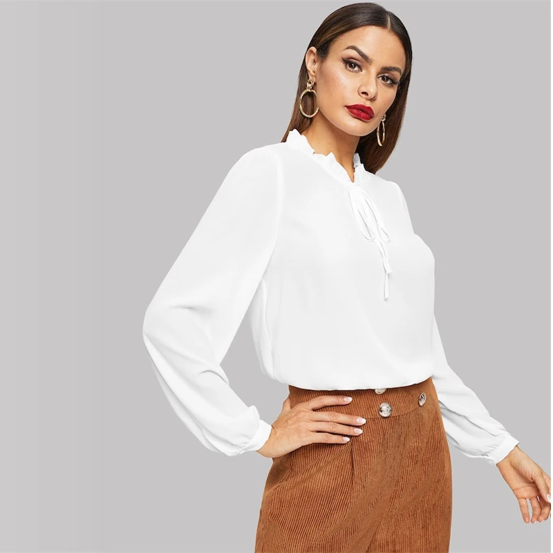 SHEIN Нарядная Однотонная Блузка С Длинным Рукавом, Офисная Блузка С Оригинальным Воротником