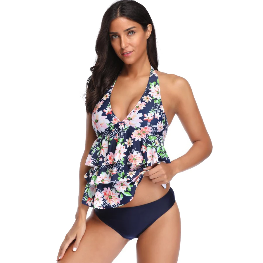 Женские костюмы из двух предметов купальник с цветочным принтом лямкой на шее