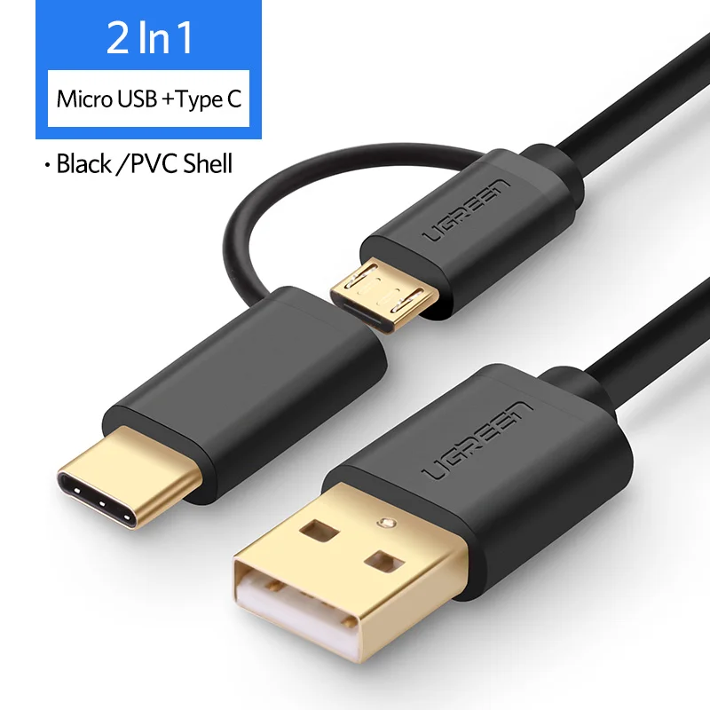 2 in 1 PVC Black Ugreen usb type-C кабель для samsung Galaxy S10 S9 Plus 2 в 1 быстрая зарядка Micro USB кабель для Xiaomi Tablet Android USB кабель - Цвет: 2 in 1 PVC Black