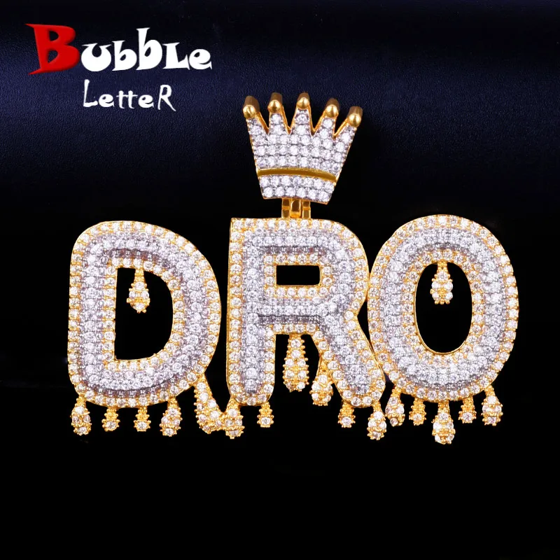 Collares con nombre personalizado con letras de burbuja para hombres, colgante de circonita cúbica, Dijes, Joyería de Hip Hop, corona Drippy