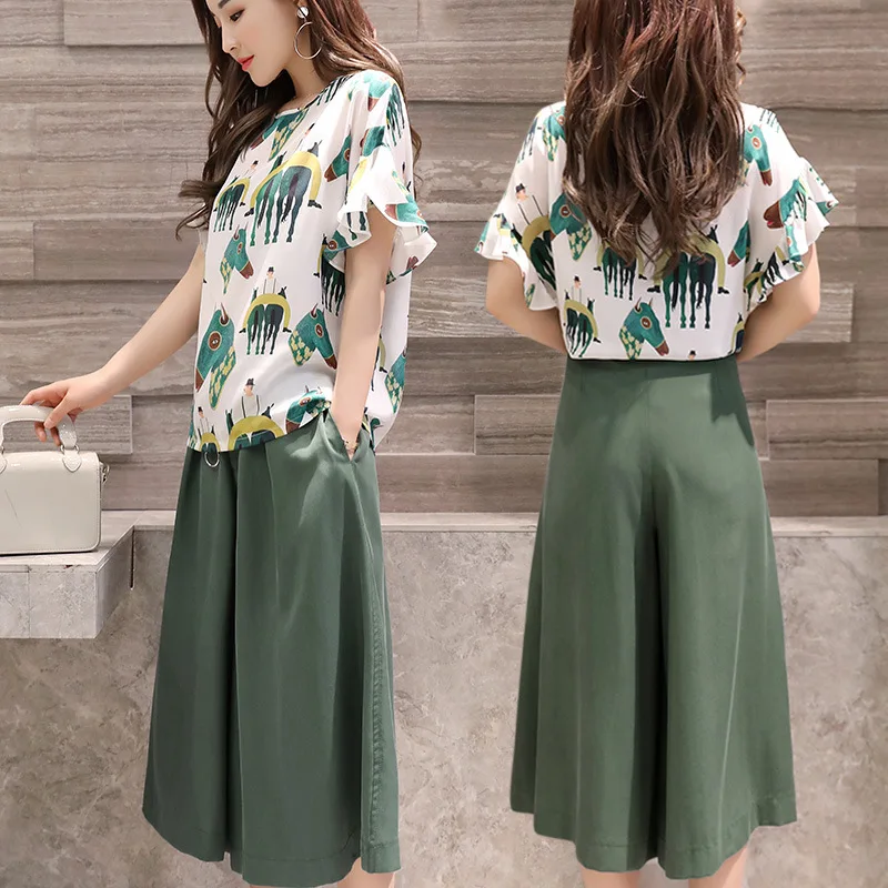 

Large size casual fashion women's wide-leg pants pants set new summer short-sleeved trumpet sleeves two-piece women outfits