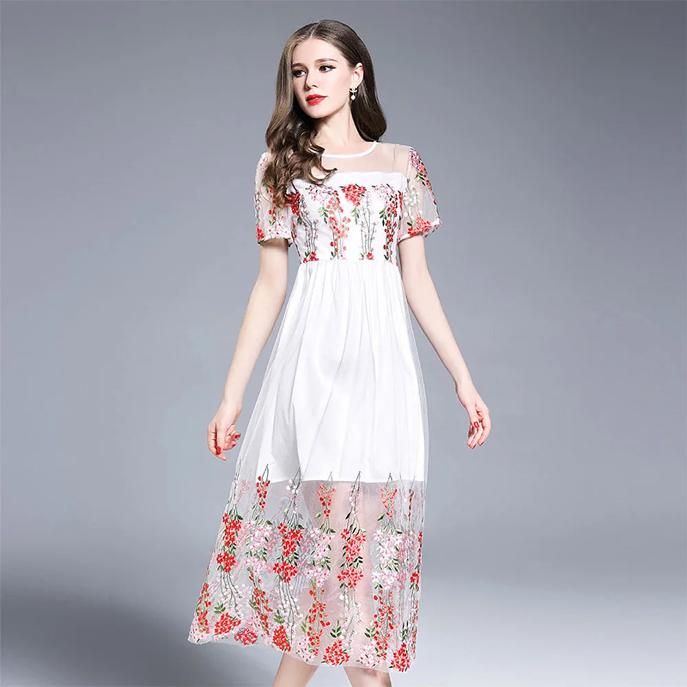 2017 женщины mesh платье с коротким рукавом белой mid вышивка черный летнее