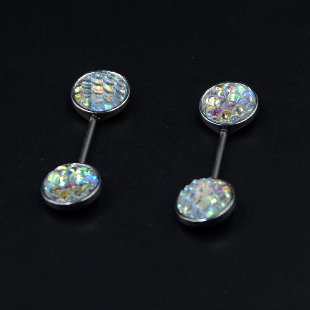 Пара 14 г Хирургическая сталь Bling Druzy скопление рыбья чешуя кольцо для сосков