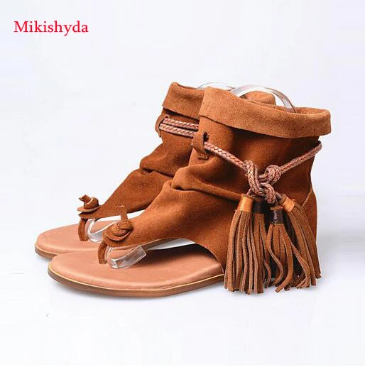 Новое поступление Короткие ботильоны Сандалии Женская обувь с кисточками на