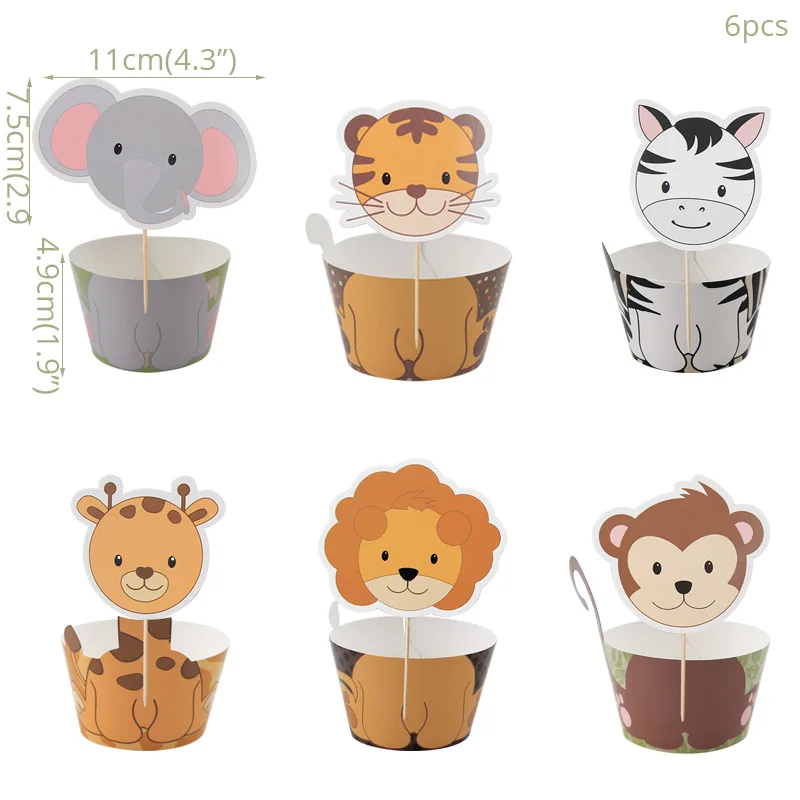 6set cake decor Джунгли день рождения одноразовые столовые приборы Джунгли животных одноразовые тарелки салфетки для стаканчиков сафари Декор детский душ принадлежности - Цвет: 6set cake decor