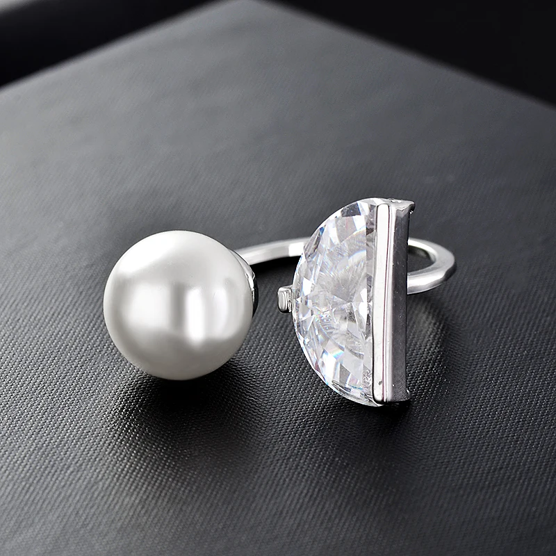 

2019 romantic White Gold Color copper women ring High quality zircon Simulated big Pearl Wedding open Rings For Women J02794
