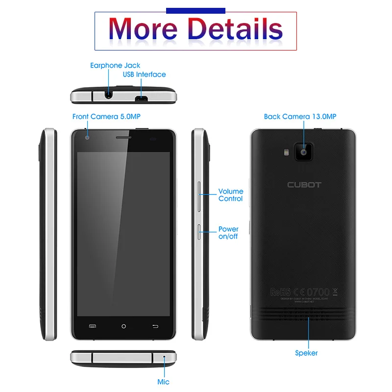CUBOT ЭХО 5.0 Дюймов 3000 мАч Разблокирован Смартфон Android 6.0 Сотовый Телефон 2 ГБ RAM 16 ROM