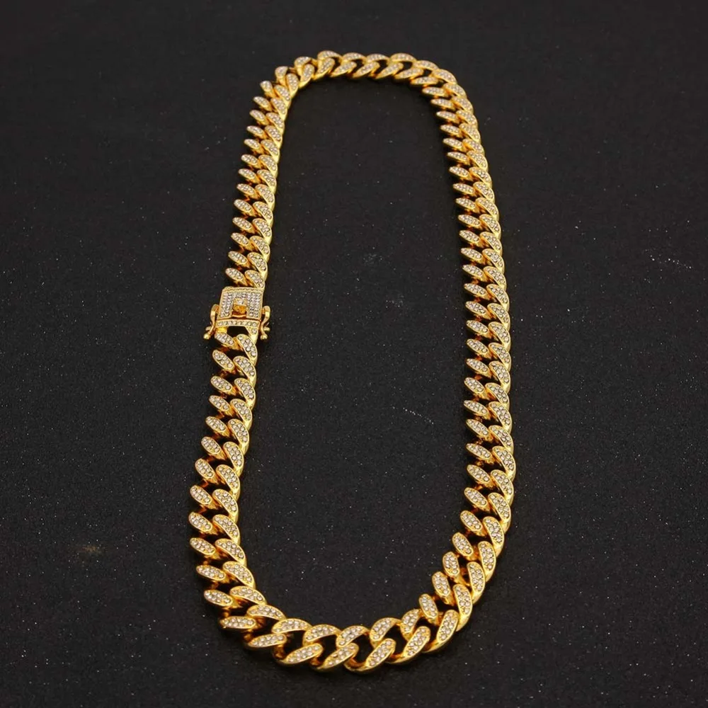 

Hip hop Mens Miami Curb Cuban Chain Necklaces Bling Crystal With Luxury Box Rhinestone Clasp Lock Necklace Drop Shipping