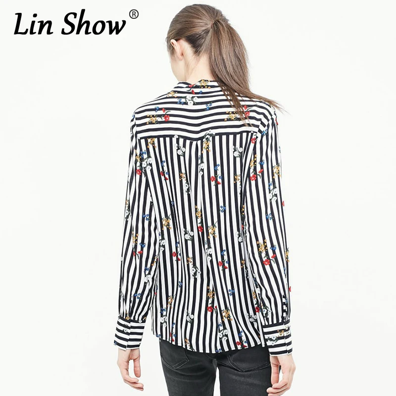 LINSHOW Полосатый Цветочный Печатных Черная Женщина Блузка С Длинным Рукавом