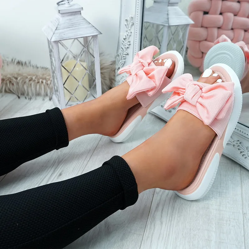 Сандалии женские с бантом босоножки на плоской подошве без застежки открытый