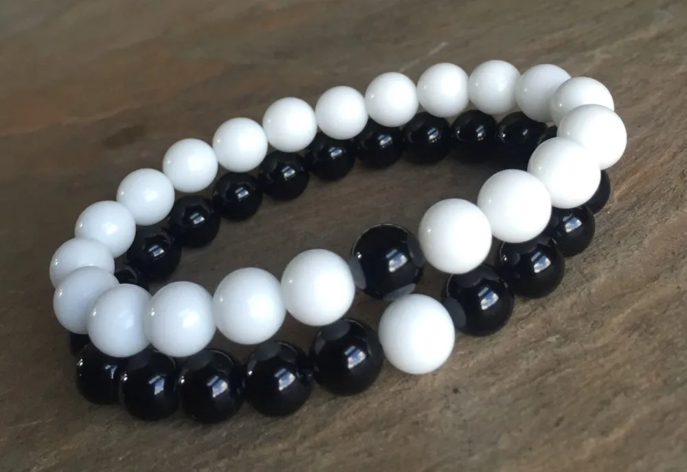 8mm Couples Bracelets Friendship &quotMissing Link&quot Black Onyx White AlabasterBracelet Natural Stone Beaded Elastic Bracelet Beads |
