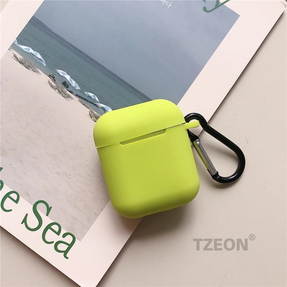 Green INS силиконовый чехол ярких цветов для Apple Airpods матовый гладкий резиновый защитный чехол коробка сумка для наушников для Airpods Карабин Крюк - Цвет: Green