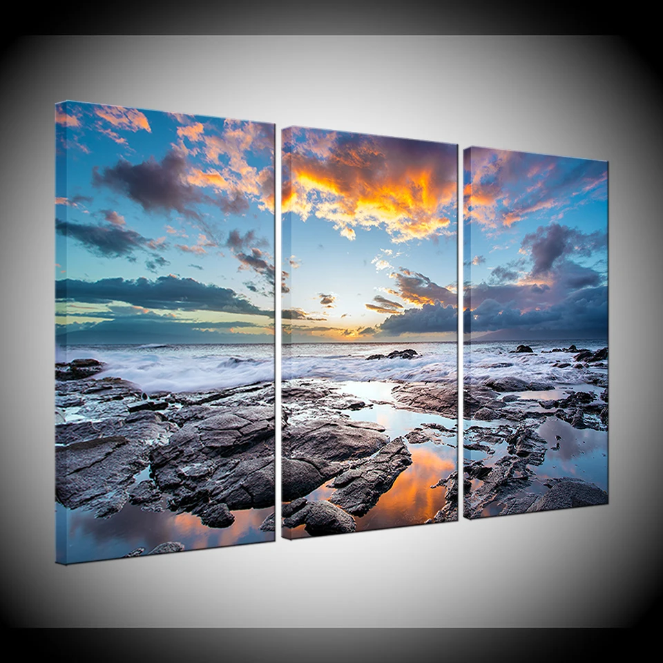 

Canvas Prints Paintings Modern Home Decor 3 Pieces Blue Sky Seaside Reef Pictures Sunset Seascape Poster Wall Art Framework