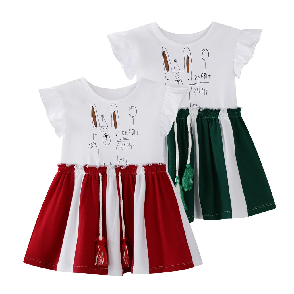 Toddler Kid Baby Girl Striped Rabbit Bunny Letter Printed Casual Dress Clothes Tassel Sashes Patchwork Green Red | Детская одежда и