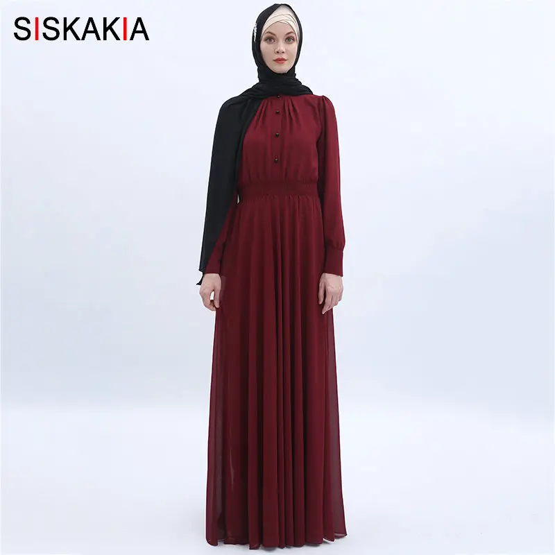 Burgundy abaya Siskakia с двойным бортиком Слои высокой плотности шифоновое ТРАПЕЦИЕВИДНОЕ Длинное Платье темного-синего цвета, на лето, Арабский мусульманский молитва одежда темно-зеленый - Цвет: Burgundy abaya