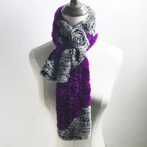 grey and purple Женский настоящий шарф из меха кролика рекс мех кролика Рекс червячный и мягкий шейный платок модный кроличий мех шарфы оптом и в розницу - Цвет: grey and purple