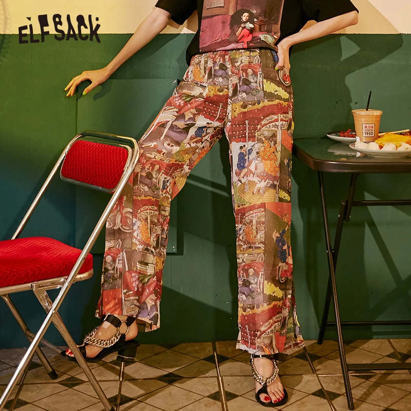 Женские широкие брюки ELFSACK черные повседневные с винтажным принтом и высокой
