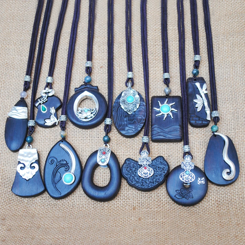 Yumfeel Brand Bohemia Vintage Necklaces Handmade Tibetan Carving Black Sandalwood Pendants& Necklaces Women Jewelry Long Gifts