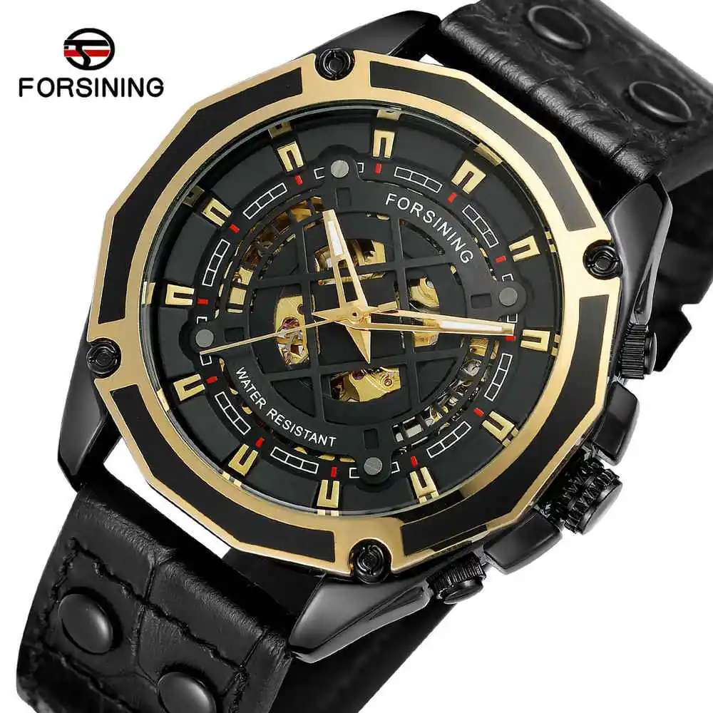 black gold FORSINING, мужские механические часы со скелетом, кожа, античный стиль, стимпанк, наручные часы, повседневные, автоматические, самовзводные, наручные часы - Цвет: black gold
