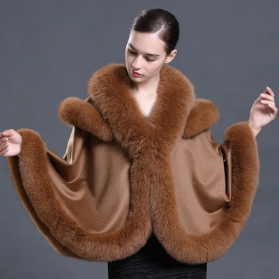 Color 5 Женские меховые шали из шерсти смесь меха лисы воротник с капюшоном кашемировое пальто накидка новая Женская Шерсть Настоящее пончо с мехом лисы и накидки - Цвет: Color 5