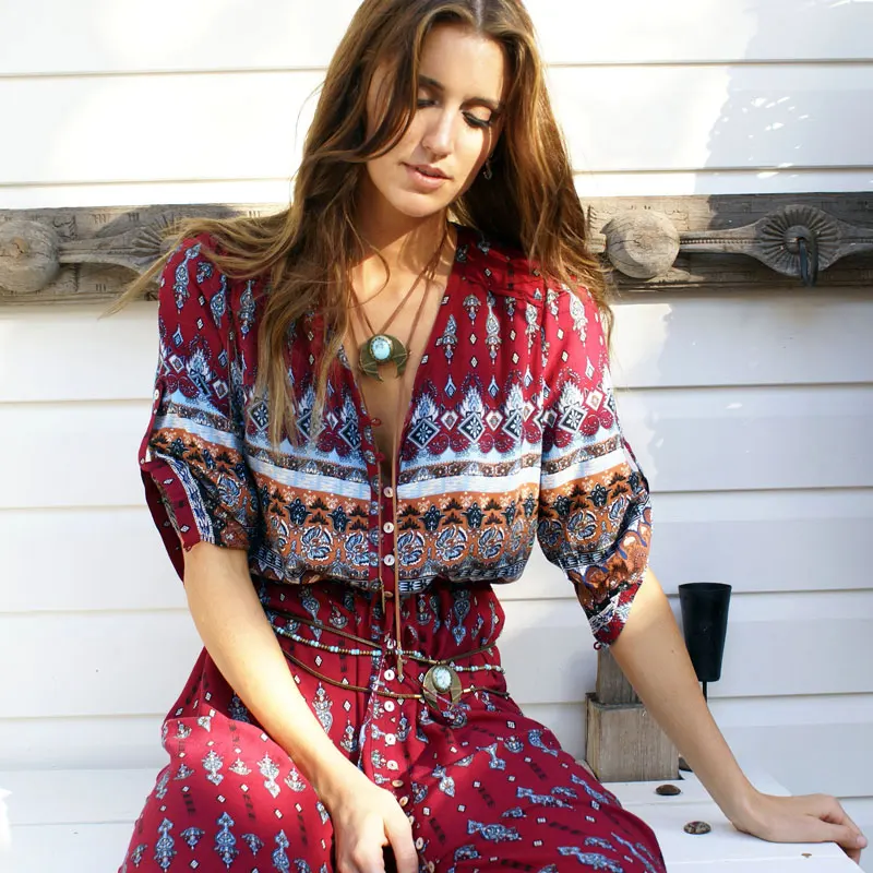 Женское длинное платье с цветочным принтом в богемном стиле V образным вырезом