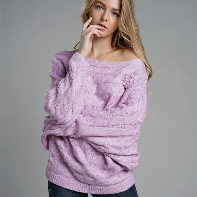 Loose Type Off the Shoulder Sweater for Women Batwing Sleeve Soft Mohair Floral Knit Pullover OL Jumpers Lavender Casual Wear | Женская