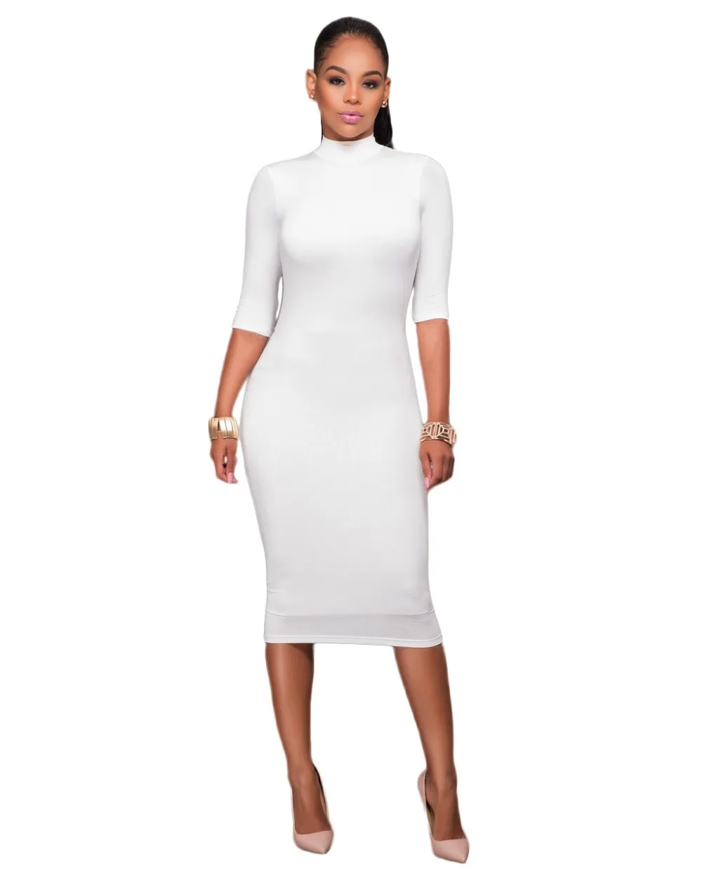 YIRANSHINI Bodycon платья Белый макет шеи o-кольцо акцент сексуальный вырез с рукавом до